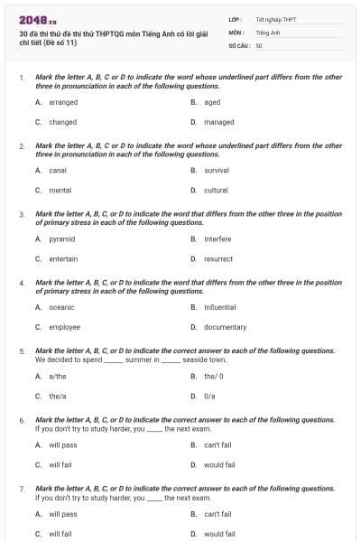 30 đề thi thử đề thi thử THPTQG môn Tiếng Anh có lời giải chi tiết (Đề số 11)