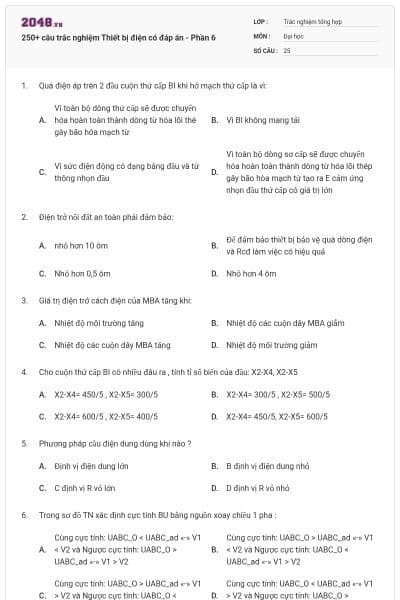 250+ câu trắc nghiệm Thiết bị điện có đáp án - Phần 6