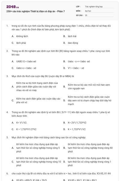 250+ câu trắc nghiệm Thiết bị điện có đáp án - Phần 7
