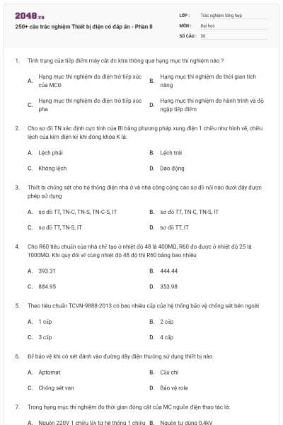 250+ câu trắc nghiệm Thiết bị điện có đáp án - Phần 8