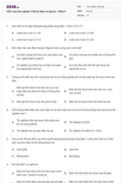 250+ câu trắc nghiệm Thiết bị điện có đáp án - Phần 9