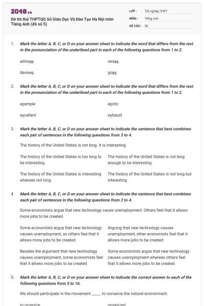 Đề thi thử THPTQG Sở Giáo Dục Và Đào Tạo Hà Nội môn Tiếng Anh (đề số 5)