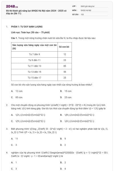 Đề thi Đánh giá năng lực ĐHQG Hà Nội năm 2024 - 2025 có đáp án (Đề 11)