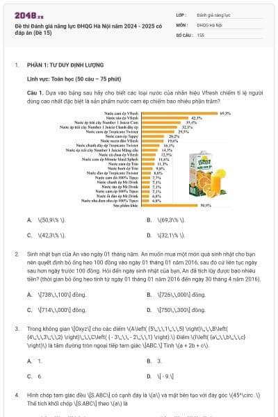 Đề thi Đánh giá năng lực ĐHQG Hà Nội năm 2024 - 2025 có đáp án (Đề 15)