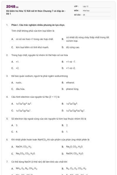 Đề kiểm tra Hóa 12 Kết nối tri thức Chương 7 có đáp án - Đề 1