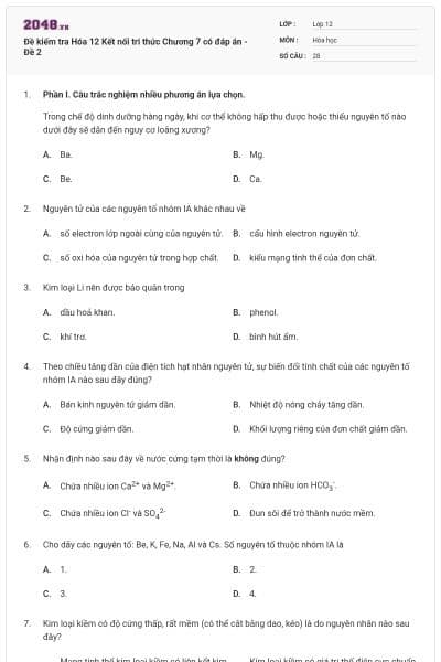 Đề kiểm tra Hóa 12 Kết nối tri thức Chương 7 có đáp án - Đề 2
