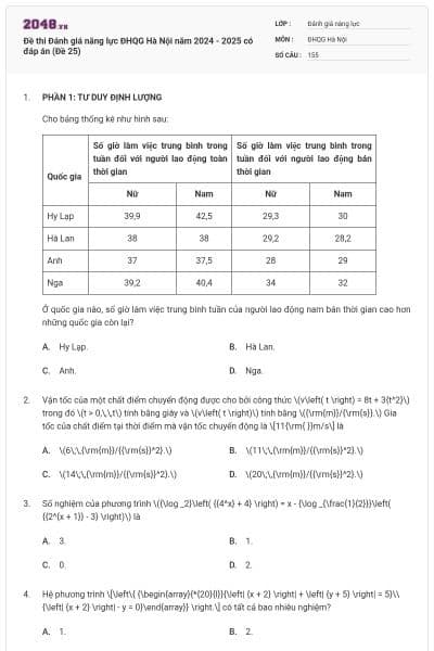 Đề thi Đánh giá năng lực ĐHQG Hà Nội năm 2024 - 2025 có đáp án (Đề 25)