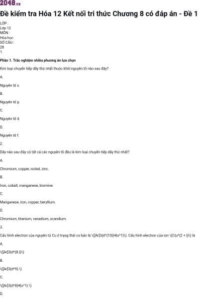 Đề kiểm tra Hóa 12 Kết nối tri thức Chương 8 có đáp án - Đề 1