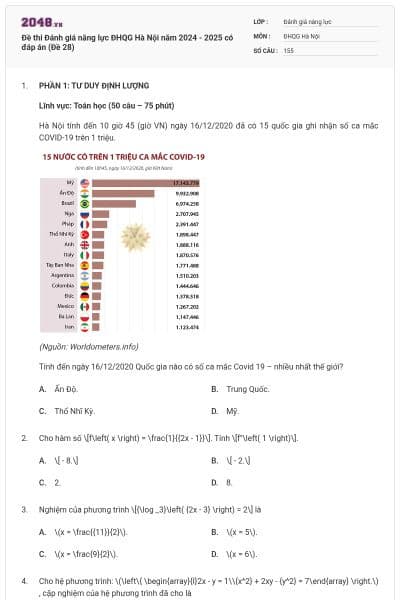 Đề thi Đánh giá năng lực ĐHQG Hà Nội năm 2024 - 2025 có đáp án (Đề 28)