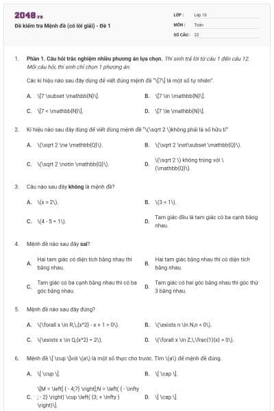 Đề kiểm tra Mệnh đề (có lời giải) - Đề 1