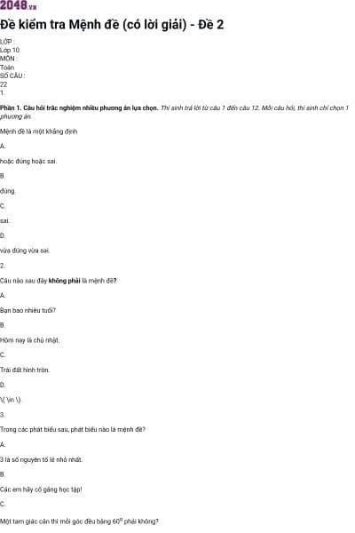 Đề kiểm tra Mệnh đề (có lời giải) - Đề 2