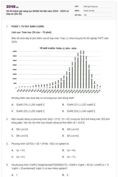 Đề thi Đánh giá năng lực ĐHQG Hà Nội năm 2024 - 2025 có đáp án (Đề 30)