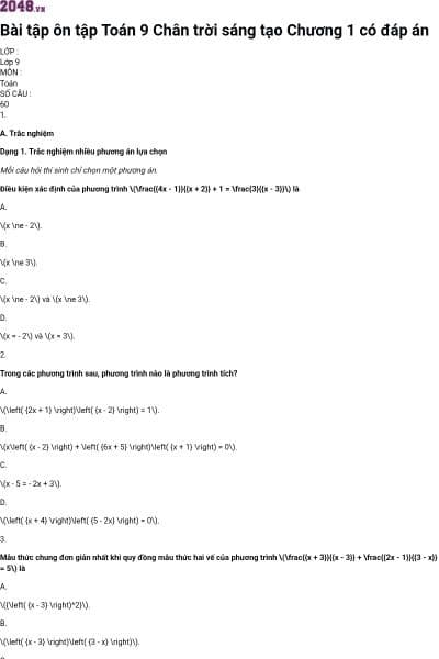 Bài tập ôn tập Toán 9 Chân trời sáng tạo Chương 1 có đáp án