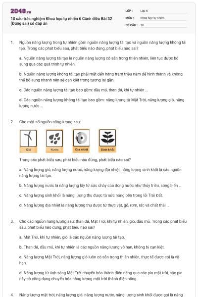 10 câu trắc nghiệm Khoa học tự nhiên 6 Cánh diều Bài 32 (Đúng sai) có đáp án