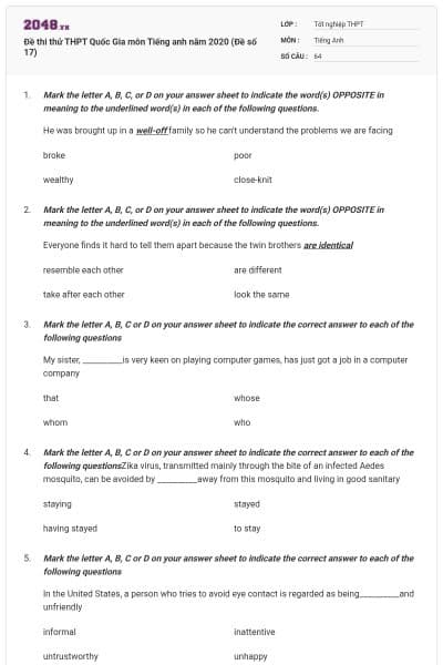 Đề thi thử THPT Quốc Gia môn Tiếng anh năm 2020 (Đề số 17)