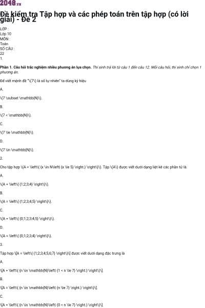 Đề kiểm tra Tập hợp và các phép toán trên tập hợp (có lời giải) - Đề 2