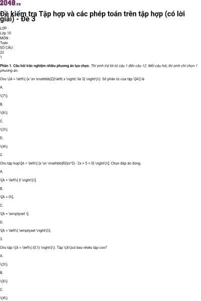 Đề kiểm tra Tập hợp và các phép toán trên tập hợp (có lời giải) - Đề 3