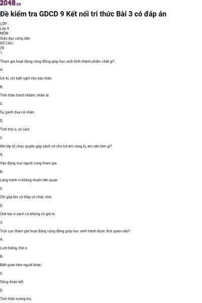 Đề kiểm tra GDCD 9 Kết nối tri thức Bài 3 có đáp án