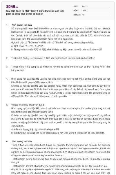 Giải SGK Toán 12 KNTT Bài 19. Công thức xác suất toàn phần và công thức Bayes có đáp án