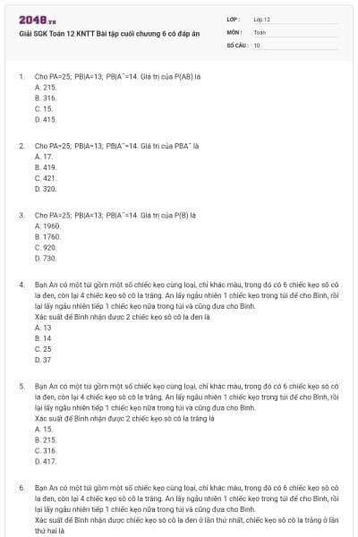 Giải SGK Toán 12 KNTT Bài tập cuối chương 6 có đáp án