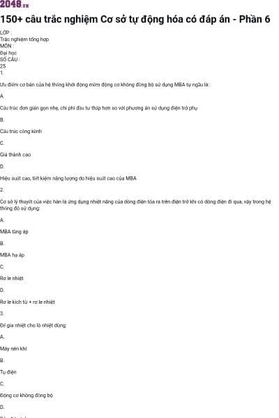 150+ câu trắc nghiệm Cơ sở tự động hóa có đáp án - Phần 6