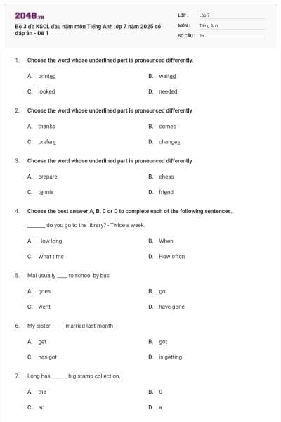 Bộ 3 đề KSCL đầu năm môn Tiếng Anh lớp 7 năm 2025 có đáp án - Đề 1
