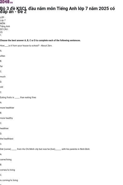 Bộ 3 đề KSCL đầu năm môn Tiếng Anh lớp 7 năm 2025 có đáp án - Đề 2