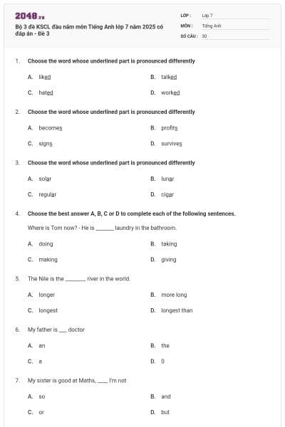 Bộ 3 đề KSCL đầu năm môn Tiếng Anh lớp 7 năm 2025 có đáp án - Đề 3