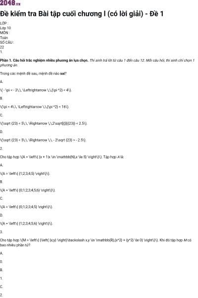 Đề kiểm tra Bài tập cuối chương l (có lời giải) - Đề 1