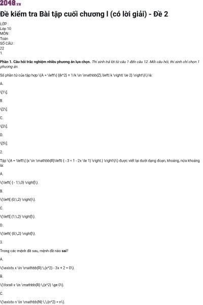 Đề kiểm tra Bài tập cuối chương l (có lời giải) - Đề 2