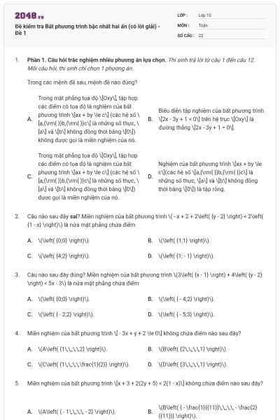 Đề kiểm tra Bất phương trình bậc nhất hai ẩn (có lời giải) - Đề 1