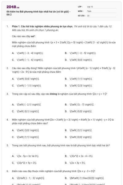 Đề kiểm tra Bất phương trình bậc nhất hai ẩn (có lời giải) - Đề 2