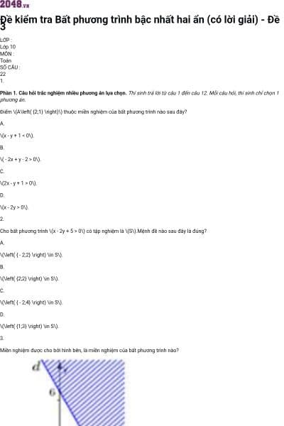 Đề kiểm tra Bất phương trình bậc nhất hai ẩn (có lời giải) - Đề 3