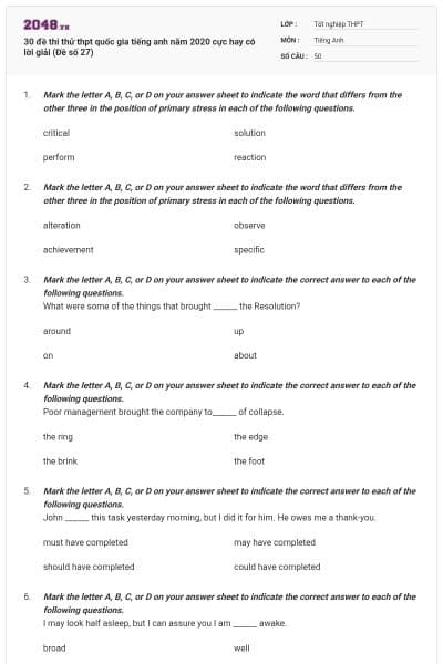 30 đề thi thử thpt quốc gia tiếng anh năm 2020 cực hay có lời giải (Đề số 27)