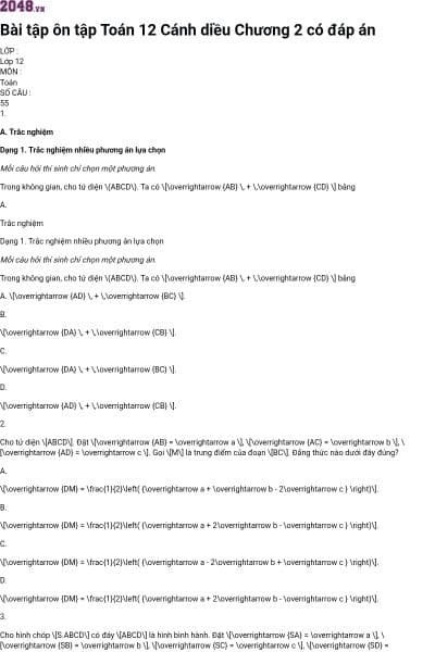 Bài tập ôn tập Toán 12 Cánh diều Chương 2 có đáp án