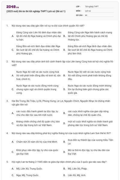 (2025 mới) Đề ôn thi tốt nghiệp THPT Lịch sử (Đề số 1)
