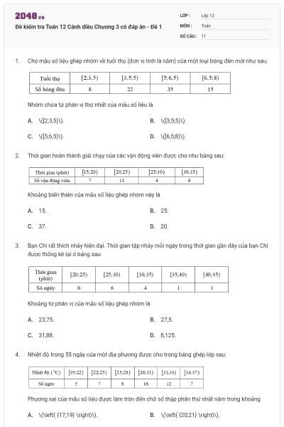 Đề kiểm tra Toán 12 Cánh diều Chương 3 có đáp án - Đề 1