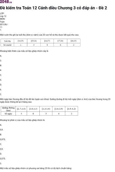 Đề kiểm tra Toán 12 Cánh diều Chương 3 có đáp án - Đề 2