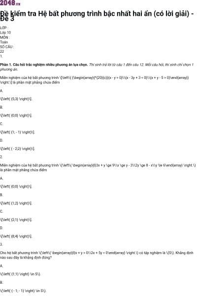 Đề kiểm tra Hệ bất phương trình bậc nhất hai ẩn (có lời giải) - Đề 3