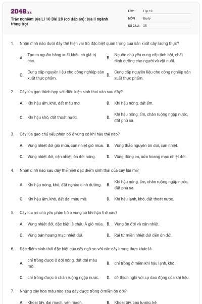 Trắc nghiệm Địa Lí 10 Bài 28 (có đáp án): Địa lí ngành trồng trọt
