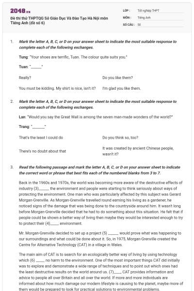 Đề thi thử THPTQG Sở Giáo Dục Và Đào Tạo Hà Nội môn Tiếng Anh (đề số 6)