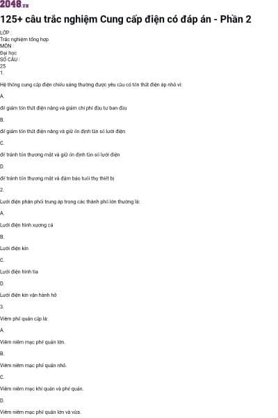125+ câu trắc nghiệm Cung cấp điện có đáp án - Phần 2