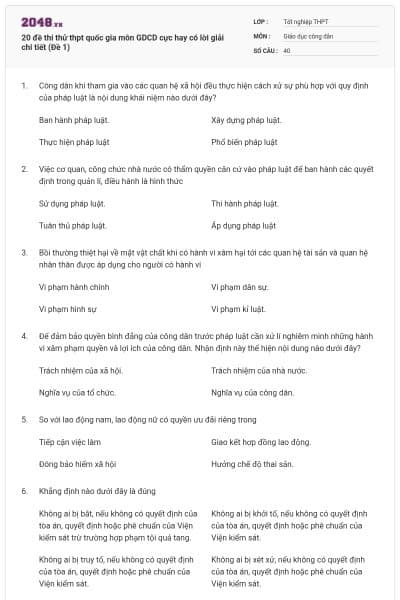 20 đề thi thử thpt quốc gia môn GDCD cực hay có lời giải chi tiết (Đề 1)