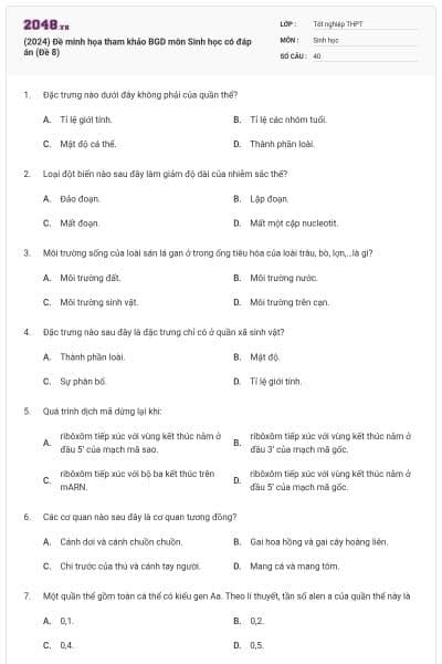 (2024) Đề minh họa tham khảo BGD môn Sinh học có đáp án (Đề 8)