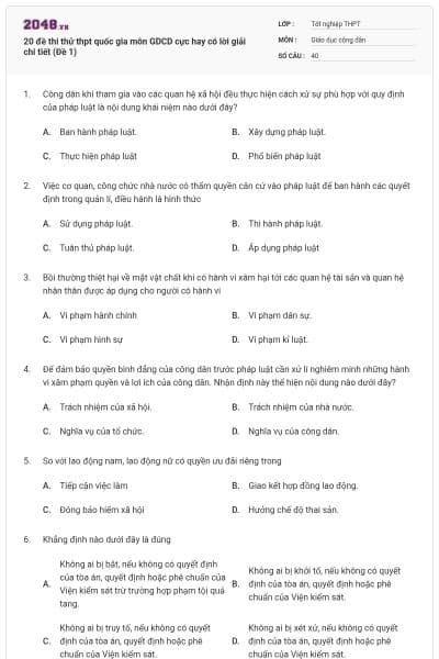20 đề thi thử thpt quốc gia môn GDCD cực hay có lời giải chi tiết (Đề 1)