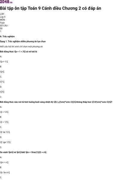 Bài tập ôn tập Toán 9 Cánh diều Chương 2 có đáp án