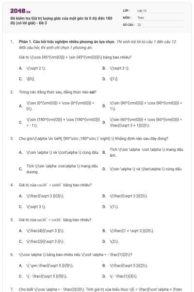 Đề kiểm tra Giá trị lượng giác của một góc từ 0 độ đến 180 độ (có lời giải) - Đề 3