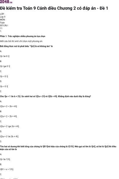 Đề kiểm tra Toán 9 Cánh diều Chương 2 có đáp án - Đề 1