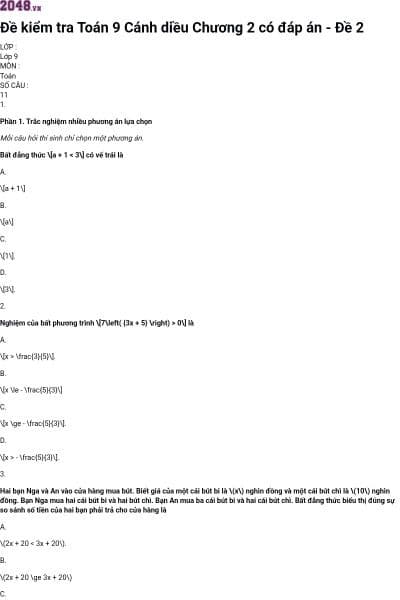 Đề kiểm tra Toán 9 Cánh diều Chương 2 có đáp án - Đề 2