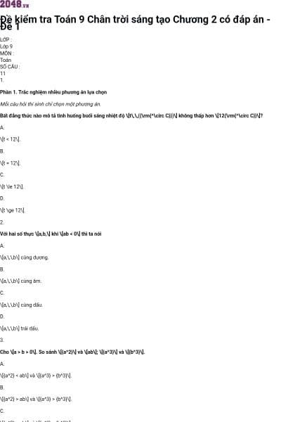 Đề kiểm tra Toán 9 Chân trời sáng tạo Chương 2 có đáp án - Đề 1